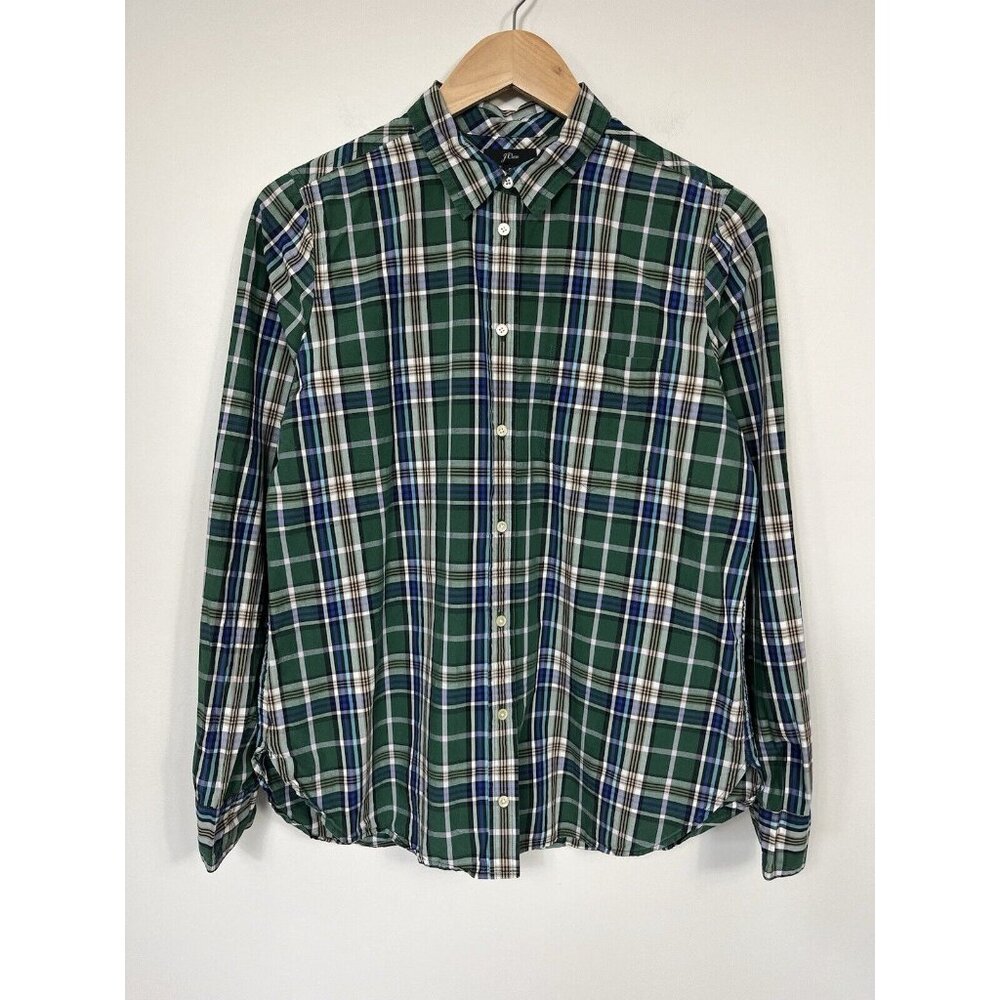 J Crew Shirt Womens Size 8 Blue Green Plaid Button Down Cotton Preppy Classic